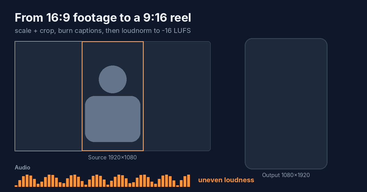 A 9:16 crop window slides over 16:9 footage, then captions and loudness normalization are applied